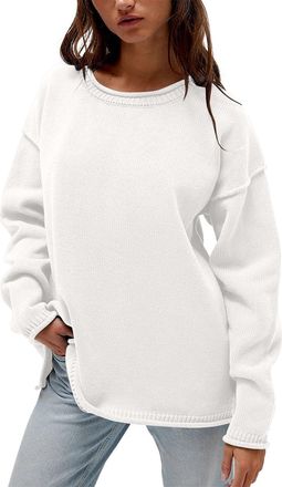 Generic Womens Knit Round Neck Jumpers Ladies Long Sleeve Oversized Jumpers Womens Solid Color Jumper Lightweight Casual Classic Sweatshirts Autumn Knitting W