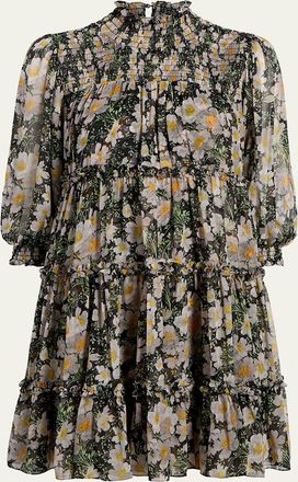 Cinq à Sept Olive Smocked Cosmo-Flower Mini Dress