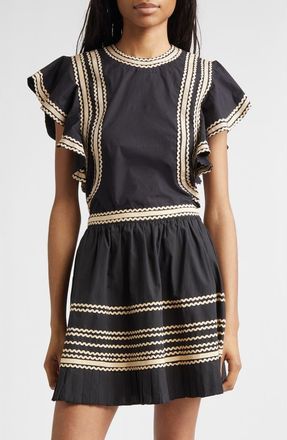 Ulla Johnson Anora Rickrack Trim Cotton Flutter Sleeve Top in Noir at Nordstrom, Size 14