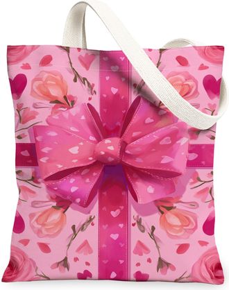 Generic Floral Peach Canvas Tote Bags, Romantic Bow Pattern Reusable Grocery Bags, Spring Vintage Elegant Lightweight Washable Shou, Peach, 13x15 Inch
