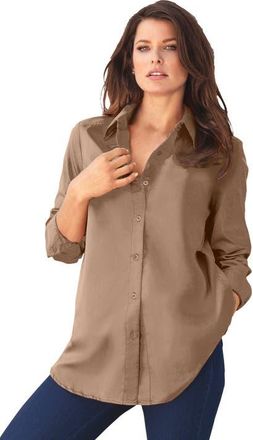 Roaman's Plus Size Kate Long Sleeve Easy Cotton-Blend Button-Front Shirt in Brown Sugar at Nordstrom, Size 26