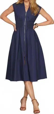 She + Sky Drop Shoulder Front Zip Midi Dress In Navy
