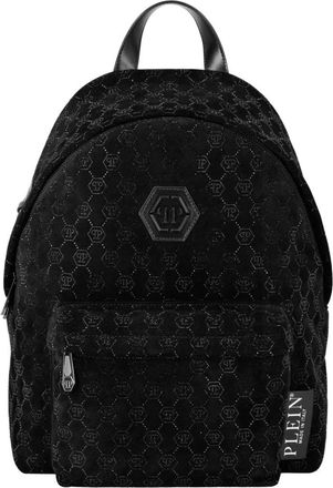 Plein Sport Leather Backpack Monogram Strass - Heren - Rugtassen - Zwart - ONE Size - Katoen - Fitness
