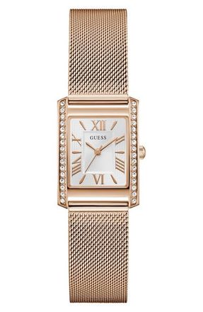 Guess Crystal Bezel Tank Mesh Strap Watch, 17mm x 23mm in White/rose Gold at Nordstrom