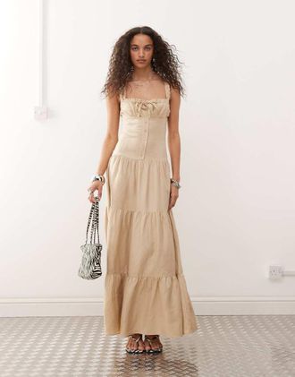Lioness Heart Shaped - Vestito lungo stile milkmaid a balze in misto lino beige con bottoni-Neutro