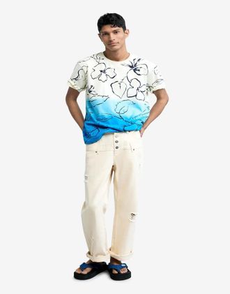 Desigual T-shirt bianca sfumata a tema tropicale-Bianco