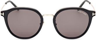 Tom Ford 54mm Round Sunglasses in Shiny Black /Smoke at Nordstrom