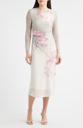 Anne Klein Ruched Long Sleeve Dress in Porcini Multi at Nordstrom, Size Small P