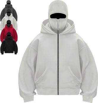 Generic Balaclava Ninja Zipper Hoodie With Built In Balaclava,Double Hoodie Jacket With Mask,Winter Hoodies For Unisex (Light Gray B-Zipper,L)