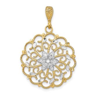 Diamond2Deal 14k Yellow Gold and White Rhodium Diamond-cut Scalloped Wave Charm Pendant