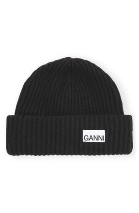 Ganni Structured Rib Wool Blend Beanie in Black at Nordstrom