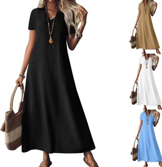 Generic Casual Summer Modest Long Flowy Beach Vacation Dresses,Maxi Shirt Dresses for Women 2025,Long Linen Dress (Black,XL)