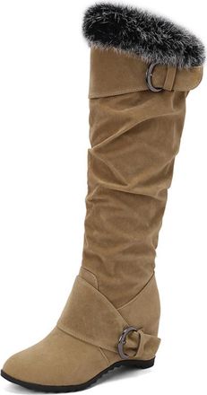 Generic Womens Wedge High Heel Winter Boots Faux Suede Knee High Boots with Buckle Pull on Slouch Long Boot,Beige,3.5 UK