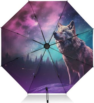 Alaza Umbrellas for Rain Sun Outdoor, Automatic Folding Umbrella Windproof Strong, Large Anti-UV Compact Umbrella Black Outside Wolf Galaxy Travel Umbrellas