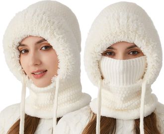 Generic Averageon 3 in 1 Beanie Hat for Women, 3 in 1 Beanie Hat for Women, Mask Set Hooded Piece Windproof Warm Snow Cap, Multi-Functional Outdoor Hat (1, Wh