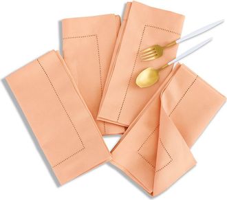 Solino Home Cotton Linen Hemstitch Dinner Napkins Set of 4, 20 x 20 Inch for Dining Table, Holiday and Everyday Table Decor in Peach Bloom at