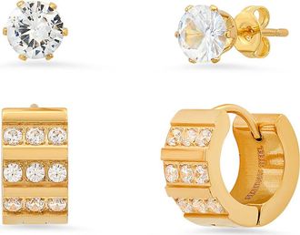 HMY Jewelry Stainless Steel Cubic Zirconia 14mm Huggie Earring - Set of 2 in Yellow at Nordstrom Rack