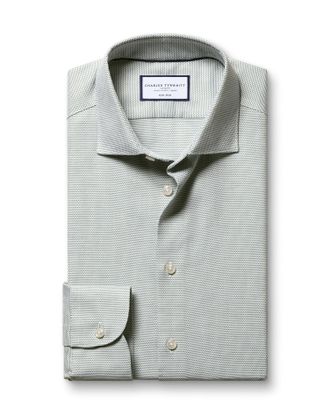 CHARLES TYRWHITT Non-Iron Stretch Texture Cotton Shirt - Olive Green Single Cuff Size 16/34 by Charles Tyrwhitt