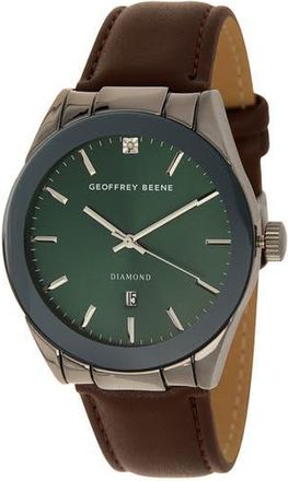 Geoffrey Beene Diamond Leather Strap Watch, 42mm in Black at Nordstrom Rack