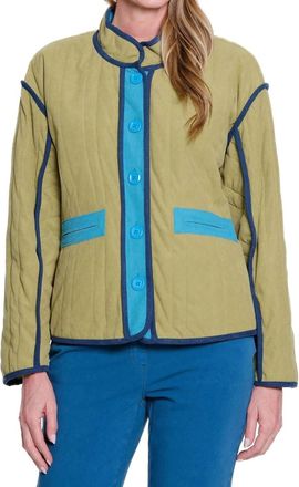 Multiples Stand Collar Button Quilted Solid Cord Lined Jacket In Olive Multi