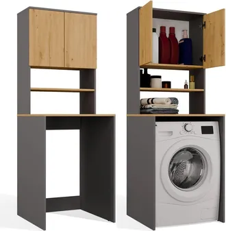 Topeshop Pola Multi - Columna De Ba&ntilde;o - 3 Estantes, 2 Puertas - 64x180x64 Cm - Antracita Roble Artisan