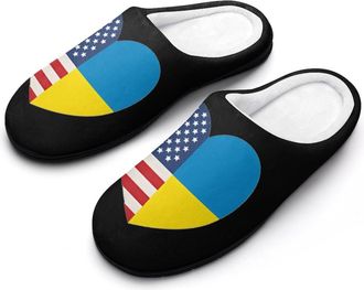 Generic Ukraine U.S. Heart Flag Cotton Slippers for Women Memory Foam Comfy House Shoes with Anti-Skid Rubber Sole