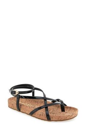 Aerosoles Leera Ankle Strap Flat Sandal in Black Faux Leather/Cork at Nordstrom Rack, Size 8