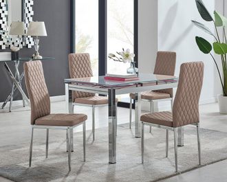 Furniturebox Enna White Glass Extending 4-6 Seater Dining Table & 4 Milan Faux Leather Chairs in Beige