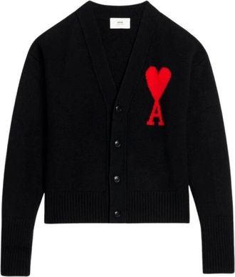 Ami Cardigans, male, Black, Size: XS Black V-Neck Wool Sweater