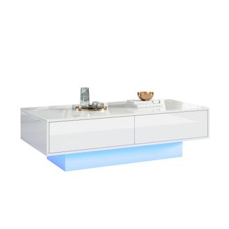STILVORA Mesa De Centro Con 2 Cajones Y Led, Blanco Brillo, Estilo Moderno, En Tablero De Part&iacute;culas, Blanco