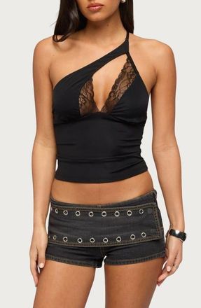 Edikted One Shoulder Peekaboo Lacey Cutout Top in Black at Nordstrom, Size X-Small