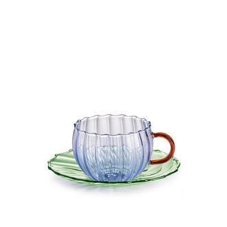 IVV Sahara set of 2 turquoise borosilicate tea cups with amber handle / green saucer cl-24