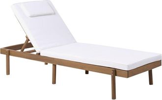 Beliani Sun Lounger Light Brown Certified Acacia Wood White Cushion Seat Folding Feature Garden Patio Balcony MARCETELLI