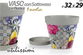Trade Shop Trade Shop - Vaso Giardino Con Sottovaso In Plastica Decoro Isola 32x29cm Piante Fiori 845383