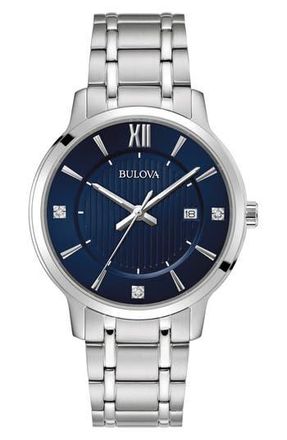 Bulova Diamond Dial Three Hand Quartz Bracelet Watch, 40mm in Silver at Nordstrom Rack