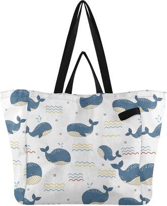 Generic Whales White print Reusable Canvas Tote Bag, Heavy Duty Grocery Shopping Bag with Large Capacity Hard Bottom Double Handles Work Groceries Travel