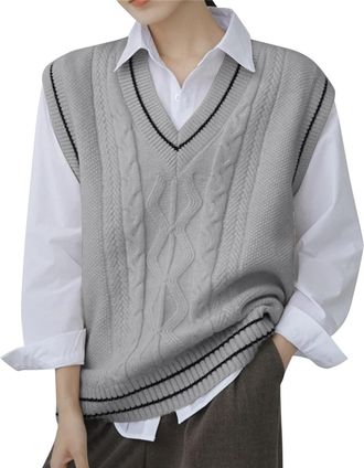 Generic Women V Neck Sweater Oversized Sleeveless Loose Knitted Tops Sleeveless Cable Knit Pullover Womens Vests Sporty, gray, One Size