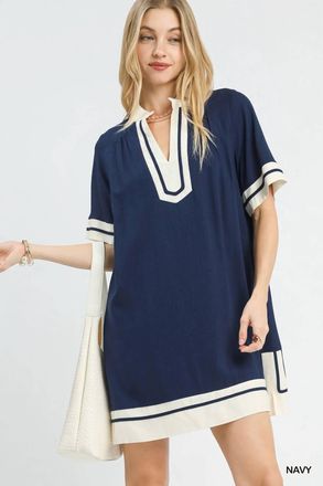 THML Clothing Flutter Sleeve Contrast Trim Dress In Navy
