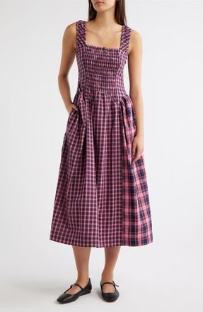 Damson Madder Mallory Plaid Smocked Midi Dress in Magenta at Nordstrom, Size 10