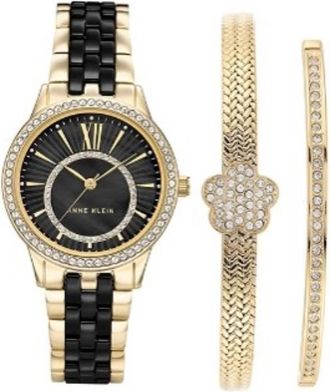 Anne Klein Quartz Crystal Black Dial Ladies Watch and Bracelet Set AK-3672BKST