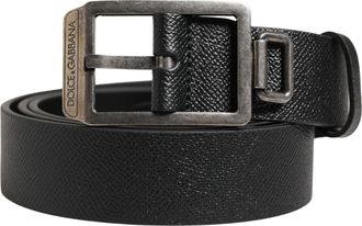 Dolce & Gabbana Black Calf Leather Silver Metal Buckle Mens Belt