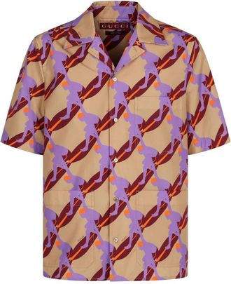 Gucci Geometrisch Bedrukt Shirt met Korte Mouwen - Heren - Korte mouwen Overhemden - Beige - L - Leer - Overhemden