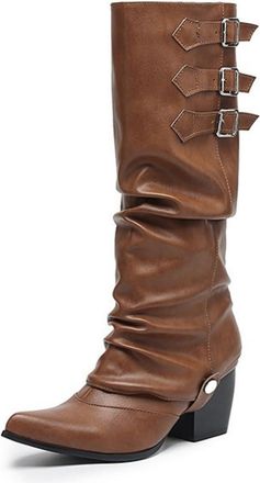 Generic Womens 2-In-1 Boots, Convertible Knee-High & Ankle Boots Made of PU Leather Slouch Boots with Block Heel And Multiple Buckles Pointed Toe Slip-On Boot