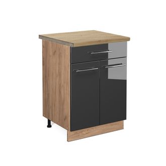 Vicco Mueble Bajo De Cocina Fame-line, Antracita Alto Brillo, 60 Cm Con Caj&oacute;n, Et Roble Vicco