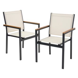 ML Design Ml-design Juego 2x Sillas De Jard&iacute;n Beige Asiento De Textilene Para Terraza, Aspecto Madera Y Estructura De Aluminio Con Reposabrazos Y Respaldo Muebl