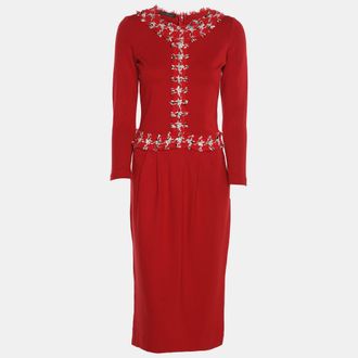 Carolina Herrera Red Jersey Tweed Detail Midi Dress