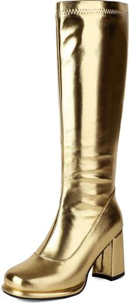 Generic Womens Patent Leather Knee High Boots Square Toe Long Boots with Side Zipper Block High Heel Platform Knight Boot,Gold,6.5 UK
