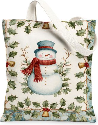 Generic Snow Man Canvas Tote Bags, Cute Holiday Snow Man Pattern Reusable Shopping Bags, Vintage Festive Lightweight Washable Shoul, White, 13x15 Inch