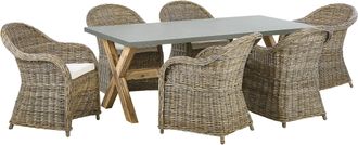 Beliani Conjunto De Comedor 6 Plazas De Rat&aacute;n Natural Gris Madera Clara Blanco Crema Hormig&oacute;n Cojines De Algod&oacute;n Jard&iacute;n Susua/olbia