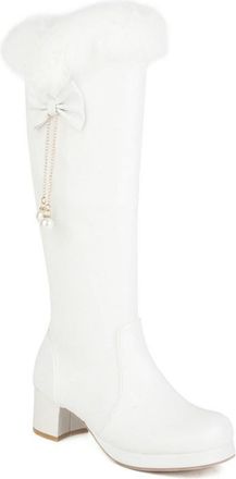 Generic White,5.5 UK,Knee High Boots for Women Platform Square Toe Chunky Block Heeled Tall Boots Side Zipper Long Boot with Bow